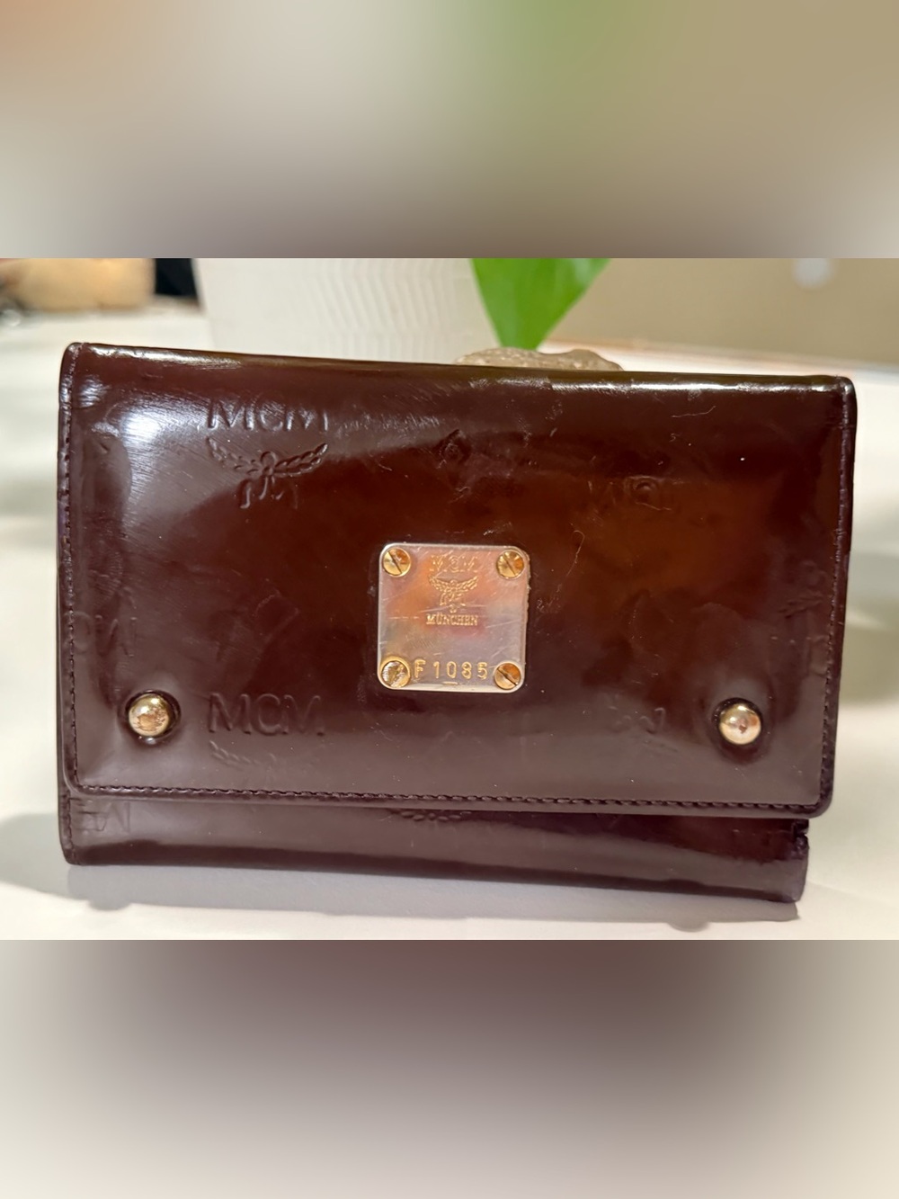 MCM Dark Brown Leather Wallet with Gold Plaque Authentic